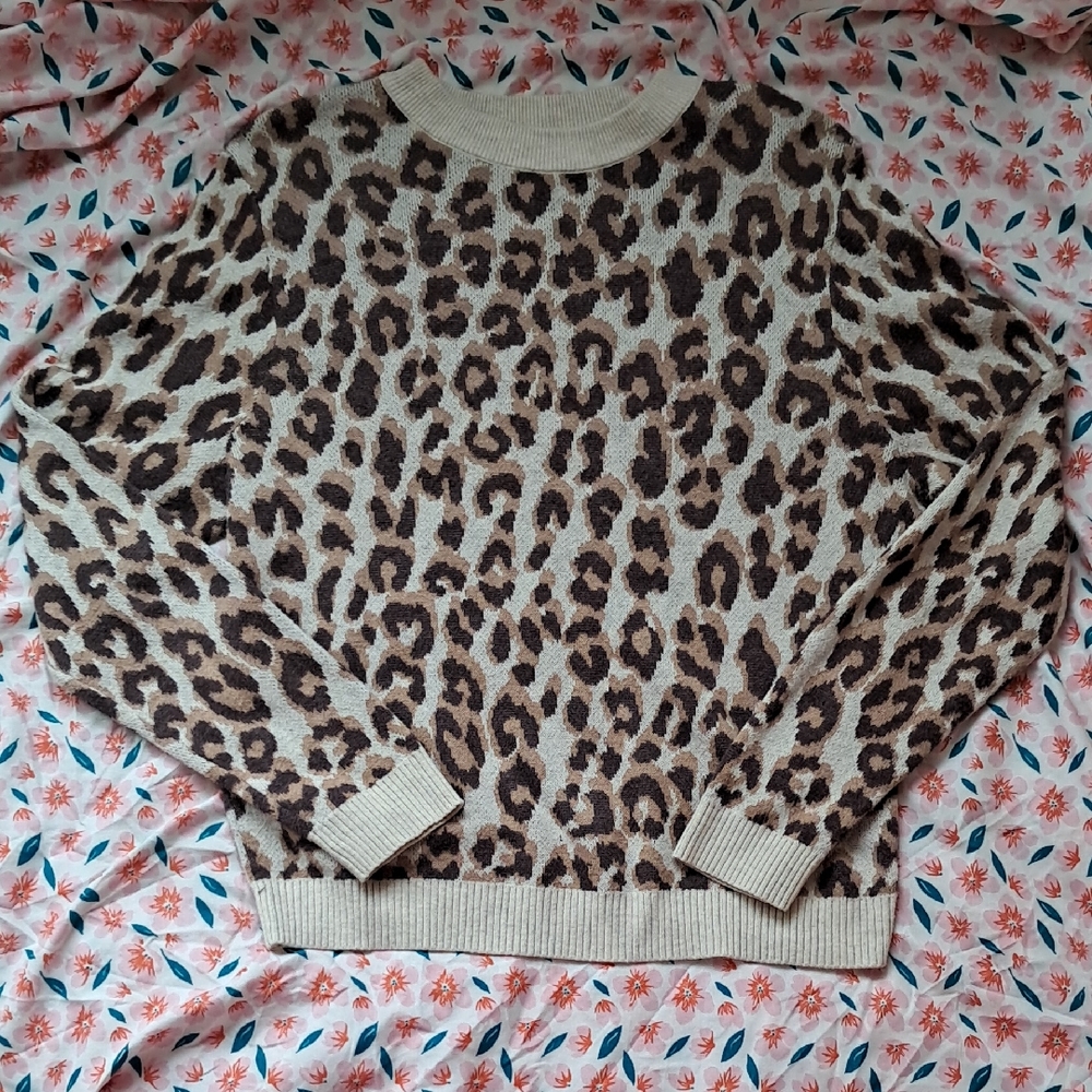 a new day Leopard Pattern Crew Neck Sweater - Brown and Cream